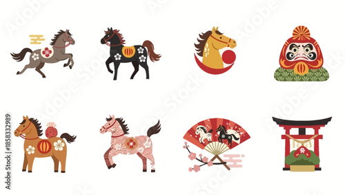 Collection of Japanese cultural icons featuring stylized horses, a Daruma doll, a traditional fan, and a Torii gate, all with festive floral patterns.