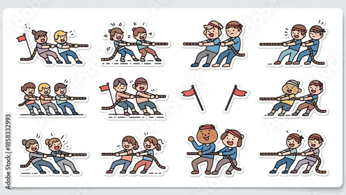 Collection of cartoon illustrations depicting various teams of people playing tug-of-war, showing different expressions and efforts in a fun, competitive game.
