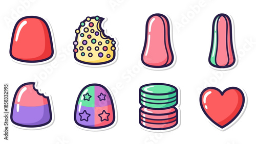 A vibrant collection of various gummy candies in different shapes and colors, including whole and bitten pieces.