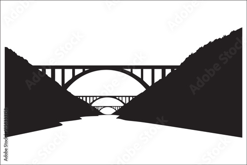 Minimalist Black and White Vector Illustration of Arched Bridges Spanning a Deep Canyon with Strong Perspective
Geometric Silhouette of Multiple Bridges and Mountains Viewed from Below: High Contrast 