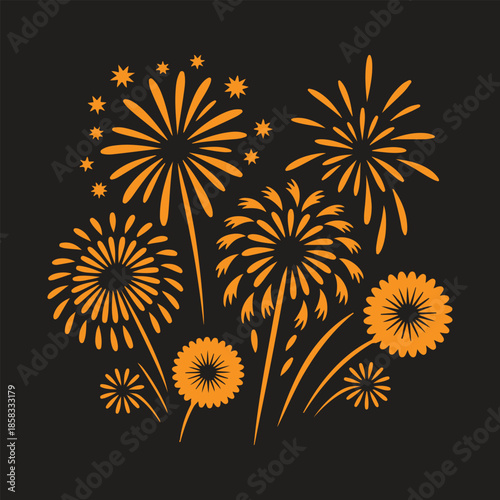 A vibrant display of orange fireworks bursts against a dark solid black background