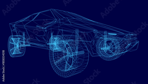 Wireframe car concept with a 3D effect, composed of interconnected lines and geometric shapes on a solid blue background.