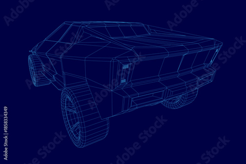 A detailed 3D wireframe concept car model features intricate lines and curves on a solid blue background.