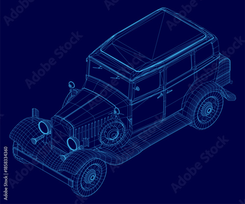 A retro car 3D wireframe model on a blue background reveals the vehicle's detailed mechanical blueprint and internal structure.