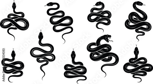 Black snake silhouette vector illustration set, various serpent poses and cobra icons, poisonous reptile collection isolated on white background for tattoo design,
