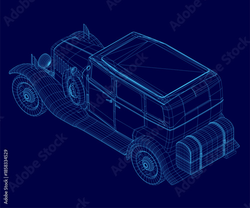 A detailed 3D wireframe model of a retro car blueprint, isolated on a solid blue background for clear presentation.