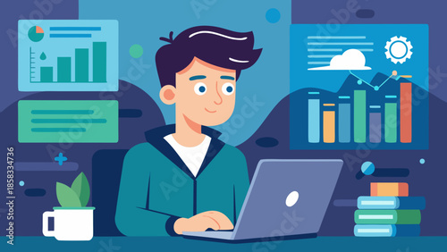 Young man working on laptop with data visualizations Vector