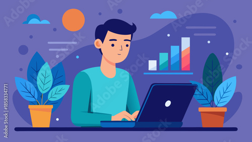 Man working on laptop with data visualization Vector