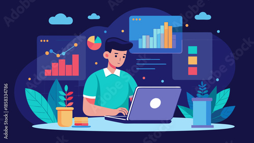 Analyzing data on laptop Vector