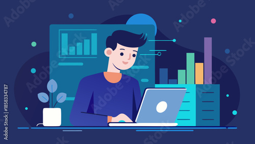 Analyzing data on laptop Vector