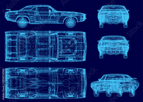 Vintage car blueprint on a blue background, featuring a detailed wireframe set and technical design schematics.