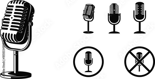 Black silhouette collection of retro vintage microphones for podcasting and broadcasting, set of classic audio studio mic icons, vector illustration, isolated,