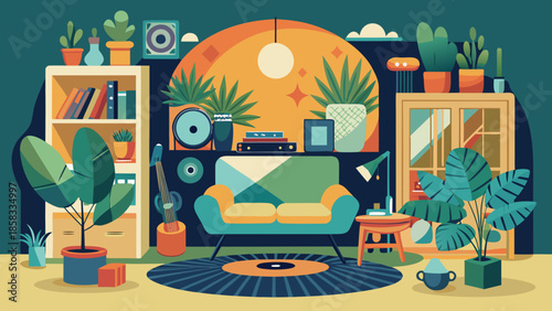 Cozy living room with plants and books Vector