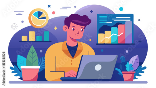 Analyzing data on laptop Vector