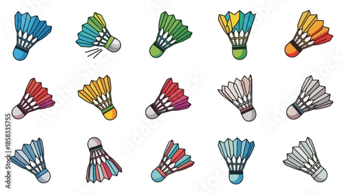 Collection of colorful badminton shuttlecocks in various designs and colors.