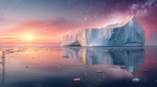 Ethereal Iceberg at Sunset: Reflective Waters & Starry Sky