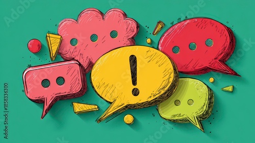 Colorful illustrated speech bubbles of various shapes, some with holes, against a teal background. Different shades and vibrant