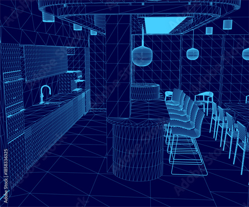 A 3D wireframe model of a restaurant kitchen area features tables, chairs, and a wash basin platform with hanging ceiling lights.