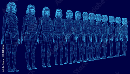 A set of animated 3D women stands in a line on a blue background, wearing matching bras and panties to create a dynamic and lively impression.