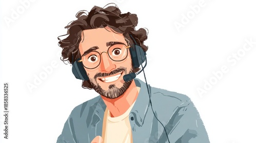 A cartoon illustration of a smiling man with curly brown hair, wearing glasses and a headset. He's looking at the viewer