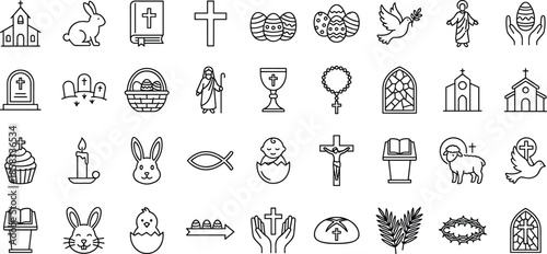 Christian Easter religious line icons set, church cross bible resurrection symbols faith worship holy celebration vector outline collection spirituality