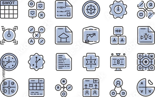 A set of outline (lineal color) icons, featuring a dark blue stroke and a light blue fill, representing various business and software development processes.