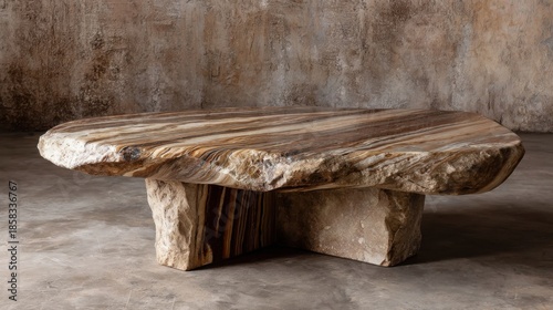 An oversized coffee table indoors with a natural stone top featuring wavy brown tan white bronze patterns and rustic roc