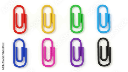Collection of colorful paper clips arranged in two rows.