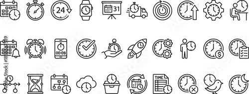 Time management line icons set, clock calendar stopwatch deadline productivity schedule planning symbols vector outline collection business workflow efficiency organization