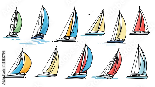 Collection of colorful sailboats in a row artistic illustration.