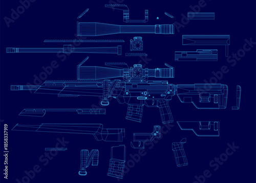 A modern sniper rifle blueprint on a blue background displays a detailed wireframe view of its internal components and assembly.