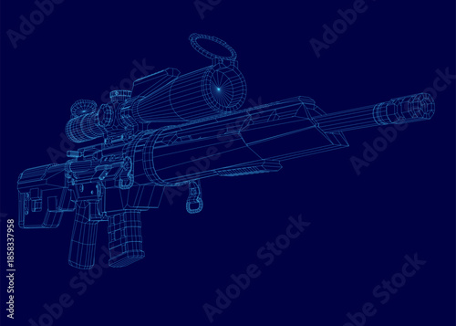 A modern sniper rifle blueprint rendered as a detailed 3D wireframe model, featuring the barrel, scope, and handle on a solid blue background.