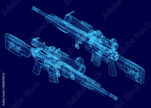 A modern sniper rifle 3D wireframe model rotates on a solid blue background, revealing detailed internal components and blueprint schematics.