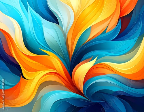 A vibrant abstract composition with flowing shapes in shades of blue, orange, and yellow, creating a dynamic and colorful visual