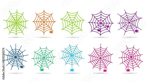 Collection of colorful spider webs with small spiders.