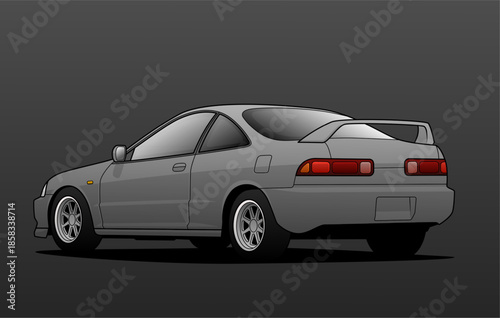 Gray sports coupe car rear angle illustration with spoiler and alloy wheels, ideal for auto ads and enthusiast content. Clean vector format.