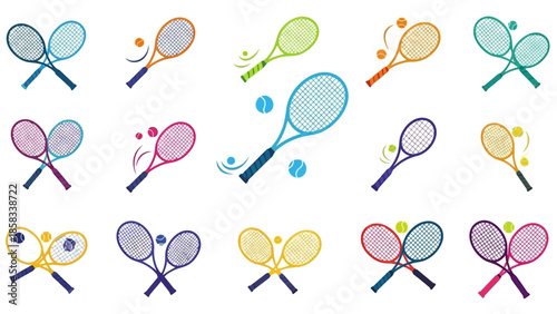 Collection of colorful tennis rackets and balls for sports.