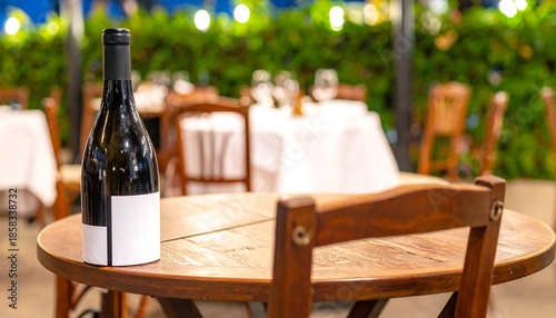 A dark wine bottle sits on a round wooden table. Restaurant interior, white tablecloths, chairs, and foliage in the background
