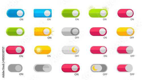 Collection of colorful toggle switches in on and off positions.