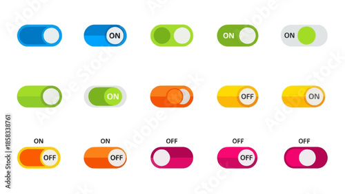 Collection of colorful toggle switches in on and off positions.