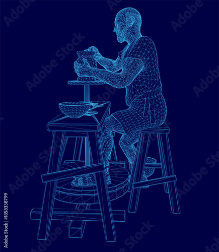 A male sculptor works intently at his pottery wheel, shaping a wireframe structure on a table with a bowl nearby. The scene is set against a clean blue background.