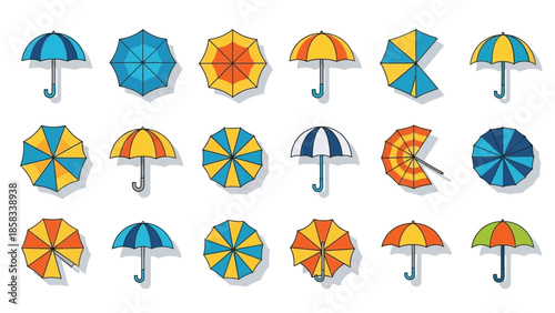 Collection of colorful umbrellas in various designs and angles.