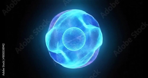A glowing spherical orb of energy with a bright core and electric blue tendrils, illuminated against a dark background.