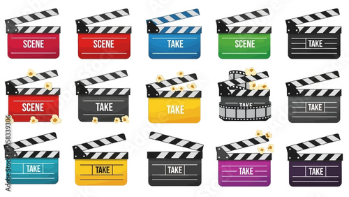 Collection of colorful movie clapperboards for film production.