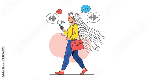Young woman walking and using her smartphone to listen to music or voice messages with audio wave icons floating in the air.