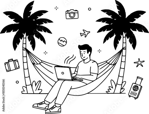 Digital nomad man working on laptop in hammock travel concept vector illustration
