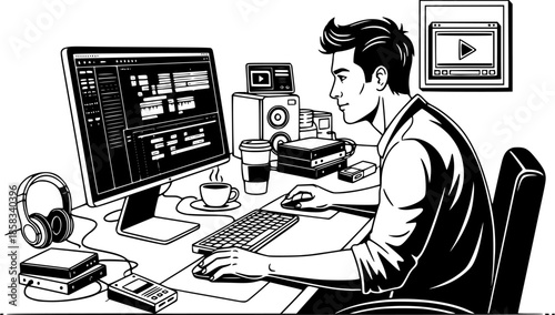 Video editor man working on computer timeline media production vector illustration
