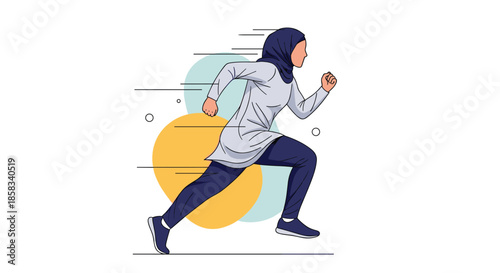 Energetic young woman wearing a traditional blue hijab and sportswear running fast against a modern abstract graphic background.