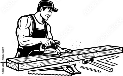Carpenter man sanding wood plank craftsmanship vector icon
