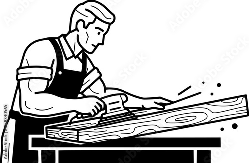 Carpenter man sanding wood plank craftsmanship vector icon
